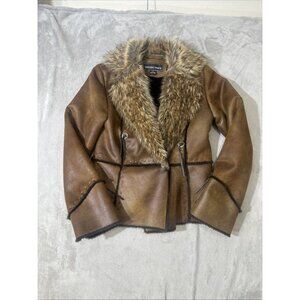 Regent Park Faux Shearling Jacket Women Brown Fur Collar Studded Aviator Coat